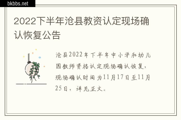 2022下半年沧县教资认定现场确认恢复公告