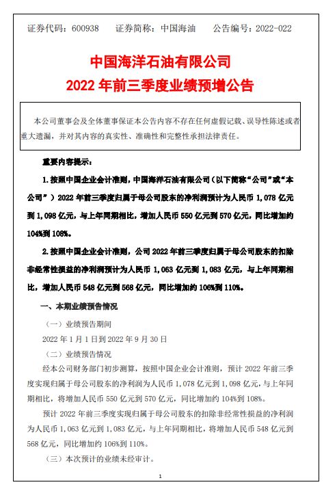 中海油：预计前三季度净利润同比增加约104%-108%