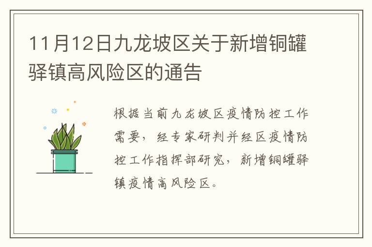 11月12日九龙坡区关于新增铜罐驿镇高风险区的通告