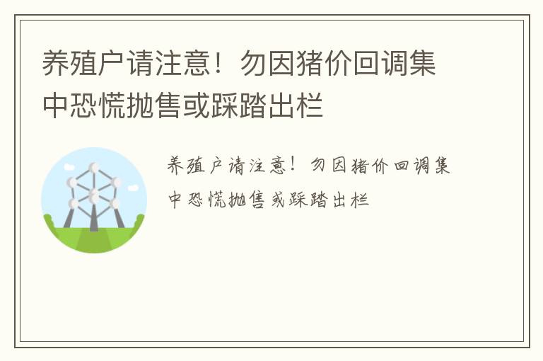 养殖户请注意！勿因猪价回调集中恐慌抛售或踩踏出栏