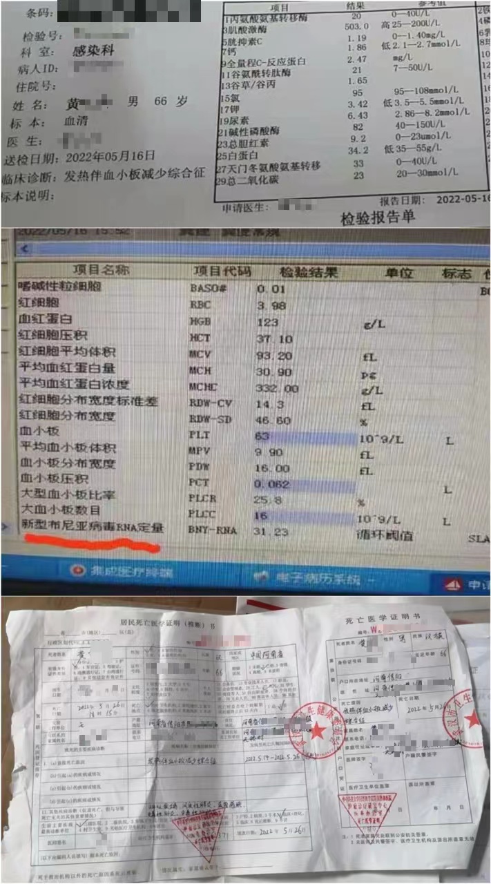 黄先生父亲的住院检验报告。当事人供图