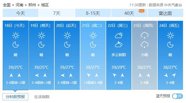 郑州未来一周天气预报。来源：中国天气