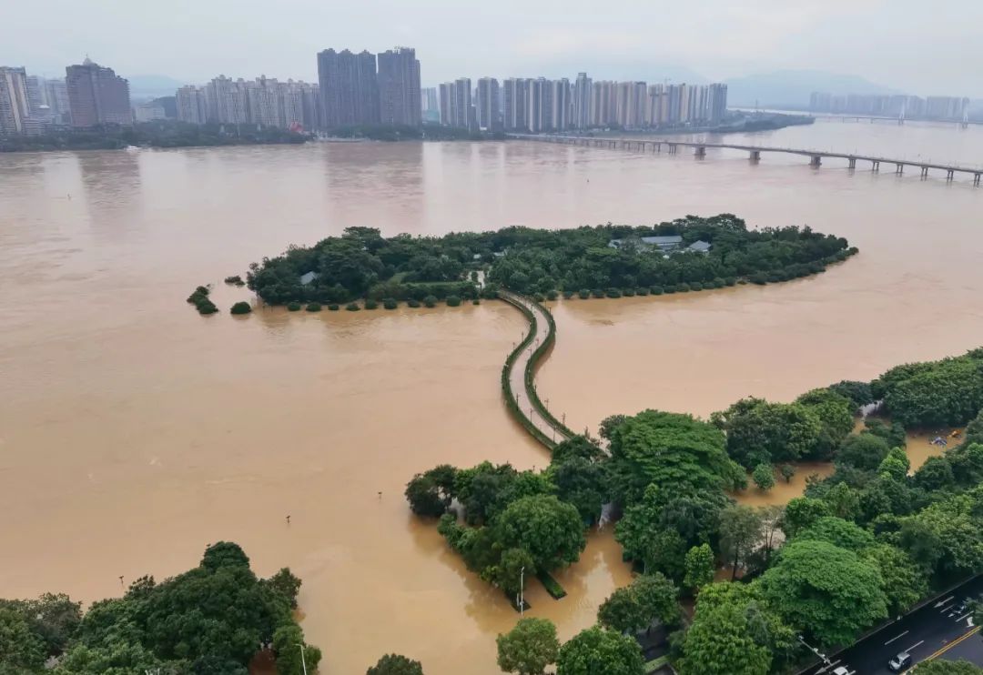 6月21日14时55分，连日暴雨，洪峰过境北江水猛涨。清远市区江滨公园、江心岛道路被浸。清远日报签约摄影师 康宁摄