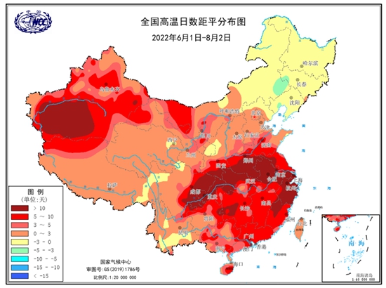 2022年6月1日-8月2日全国高温日数距平（单位：天）