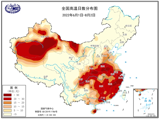 2022年6月1日-8月2日全国高温日数（单位：天）