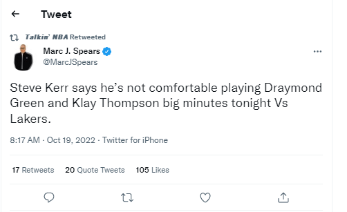 记者:科尔称他今日不会让追梦和克莱上太久时间