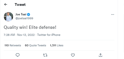 蔡崇信赛后发推:高质量的胜利!精英级别的防守!