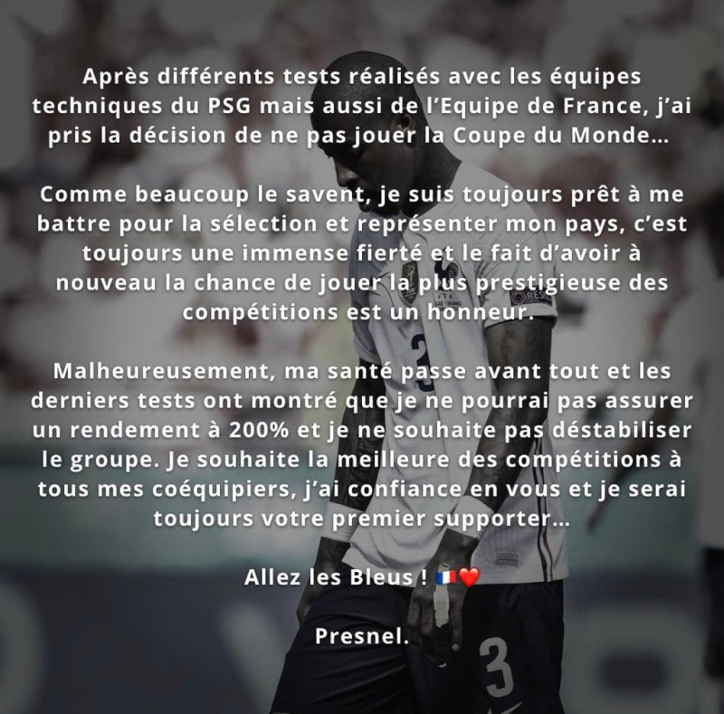 金彭贝谈伤缺世界杯:我不想破坏团队的稳定性,兄弟们加油