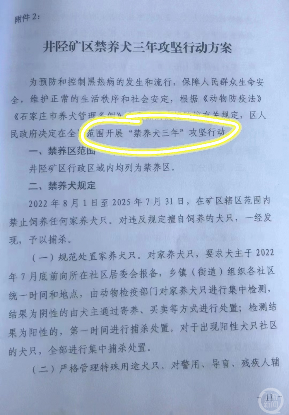 网传石家庄市井陉矿区发布文件,将开展“禁养犬三年”行动。图片来源/网络